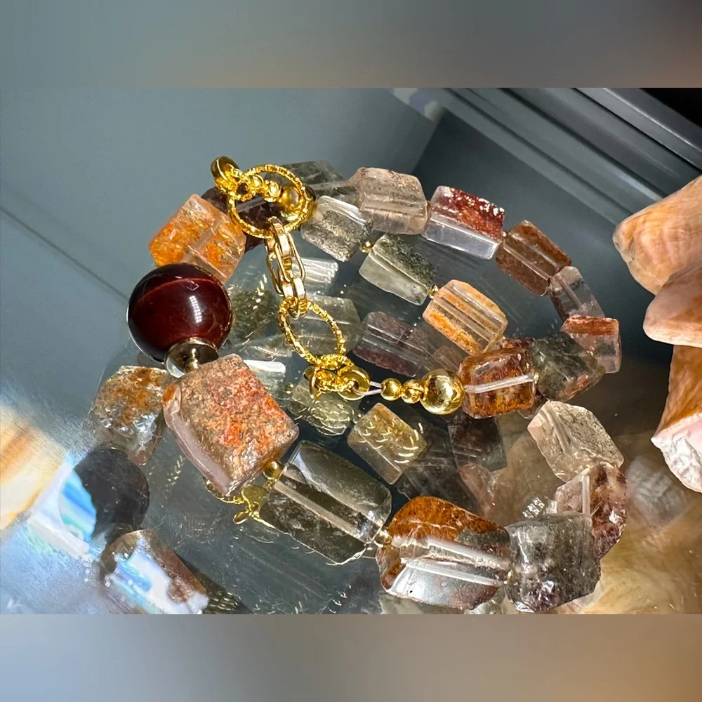 GOLDEN PHANTOM QUARTZ + TIGERS EYE STONES NATURAL NECKLACE - Picture 5 of 16